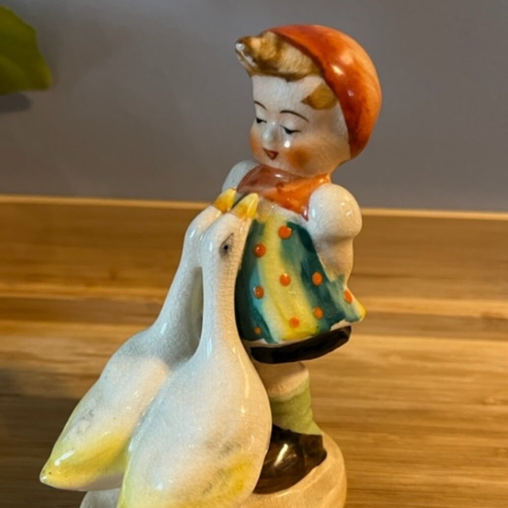 Occupied Japan 1945 to 1952 figurine little girl with geese goose Vintage
